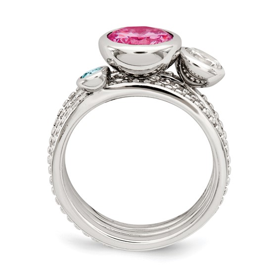 Sterling Silver Rhodium-plated w/Pink & White CZ and Blue Glass Ring Set