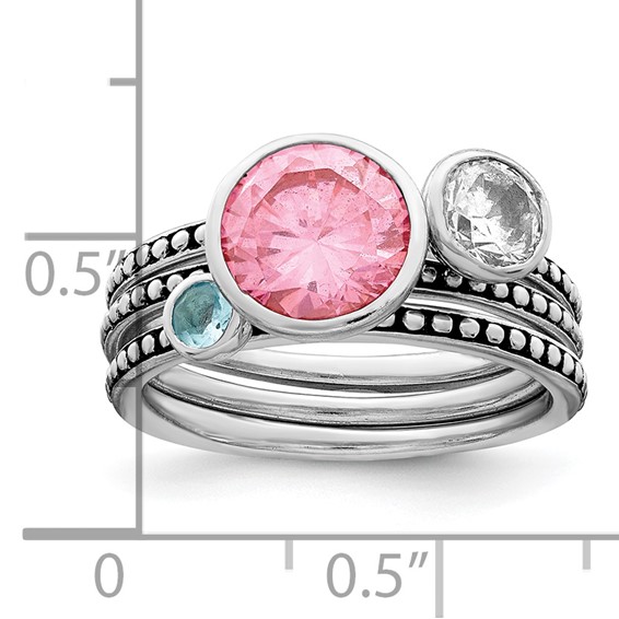 Sterling Silver Rhodium-plated w/Pink & White CZ and Blue Glass Ring Set