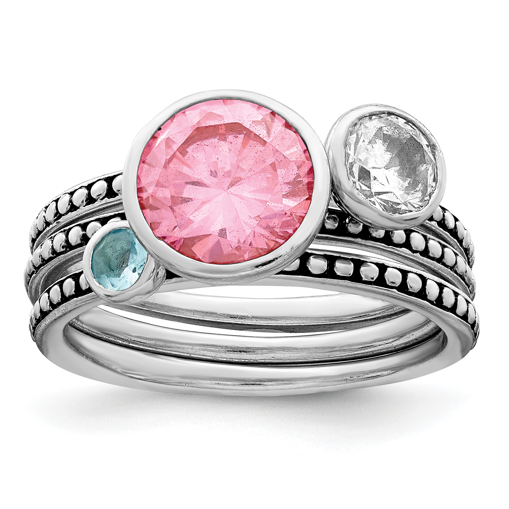 Sterling Silver Rhodium-plated w/Pink & White CZ and Blue Glass Ring Set (QR6311-6)