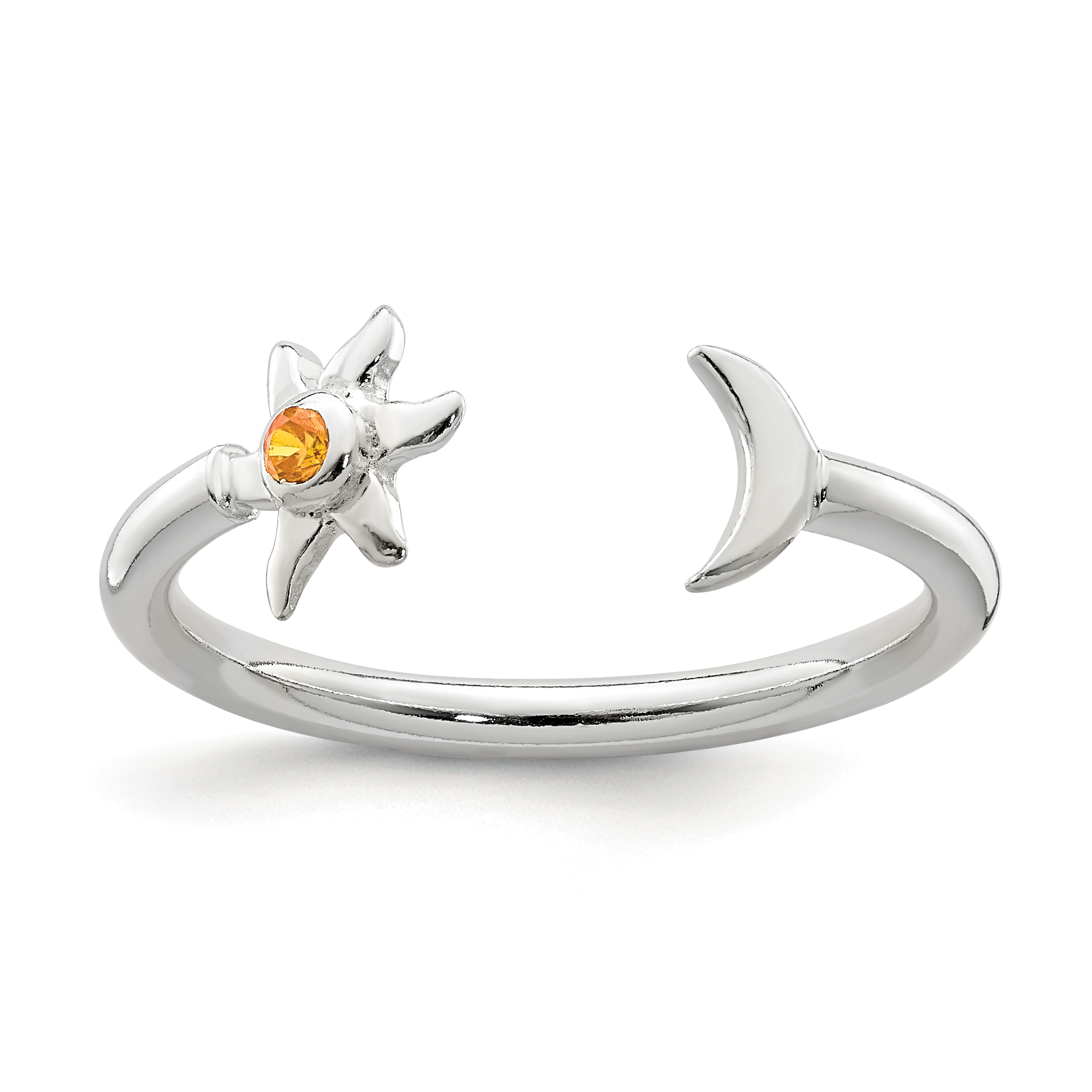 Sterling Silver Polished Half Moon and Sun Orange CZ Adjustable Ring (QR6321)