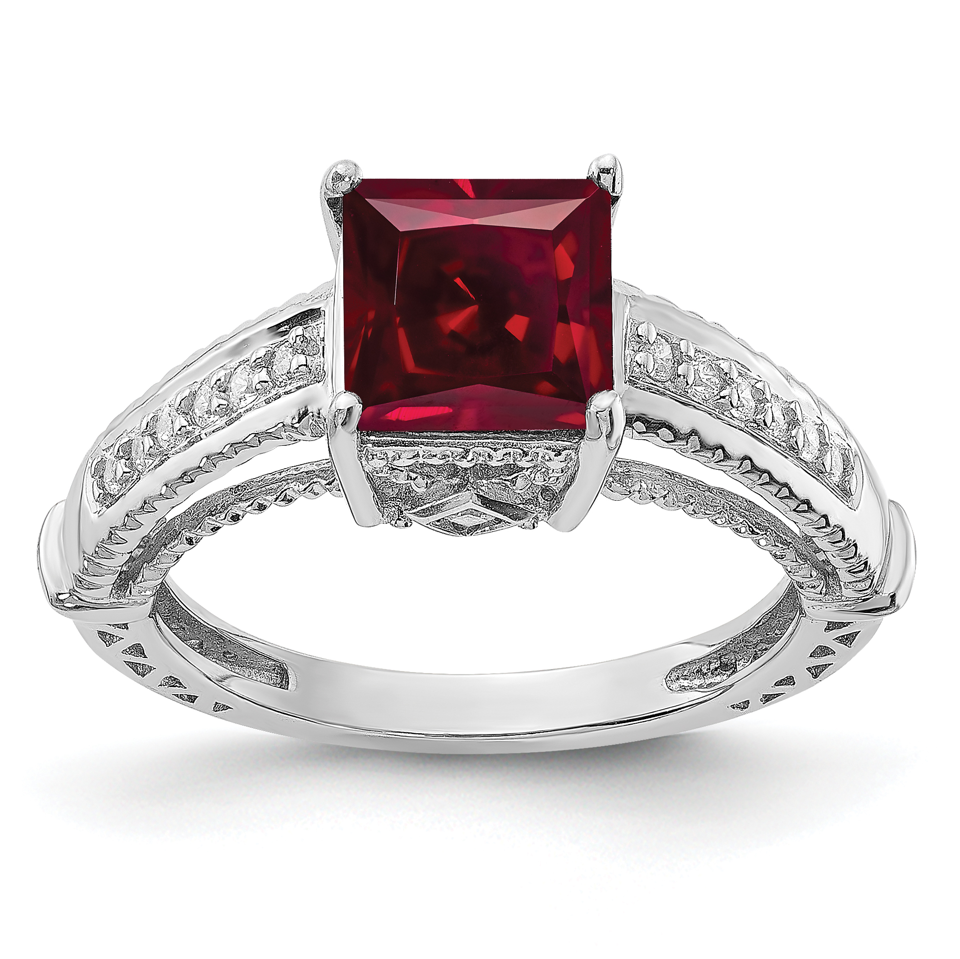 Sterling Silver Rhodium-plated Synthetic Ruby and CZ Ring (QR6322-6)