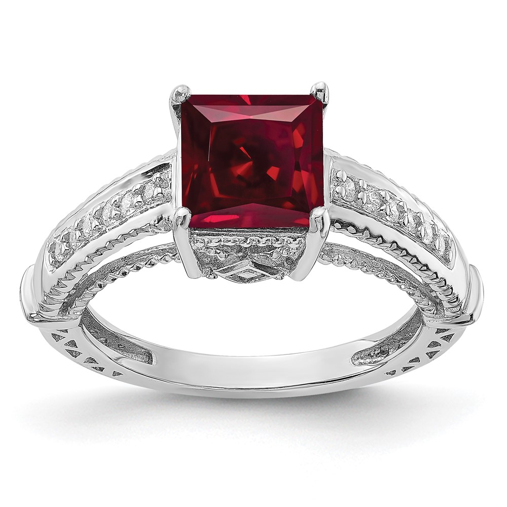 Sterling Silver Rhodium-plated Synthetic Ruby and CZ Ring (QR6322-6)