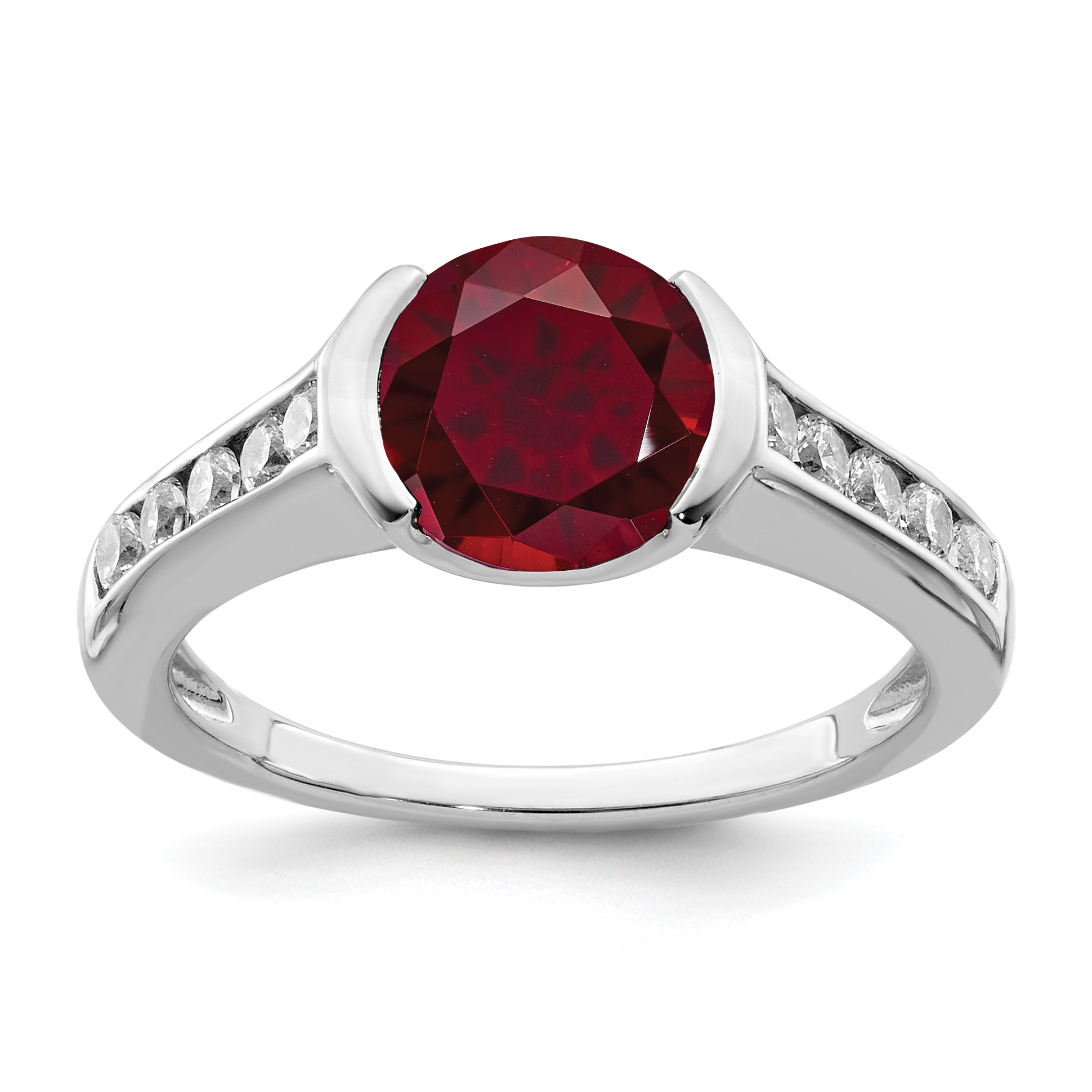 Sterling Silver Rhodium-plated Synthetic Ruby and CZ Bezel Ring (QR6323-7)