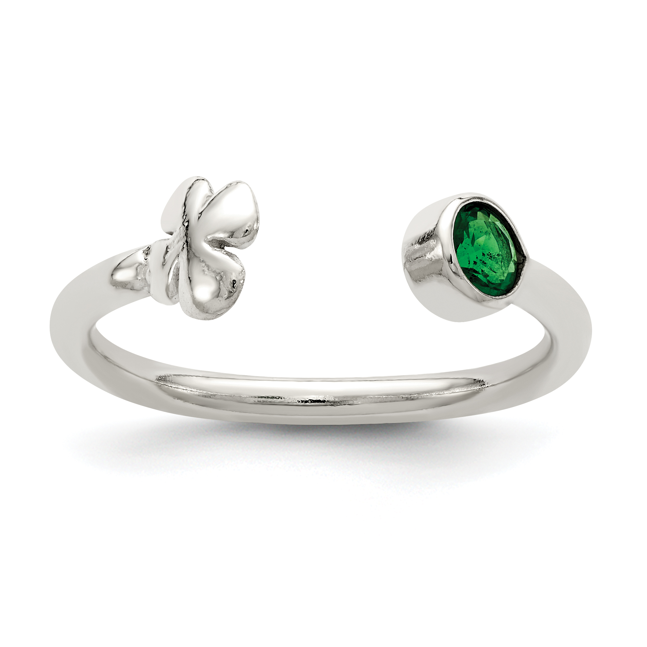 Sterling Silver Green Glass Bead 4-Leaf Clover Adjustable Ring (QR6330)