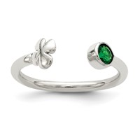 Sterling Silver Green Glass Bead 4-Leaf Clover Adjustable Ring view 1