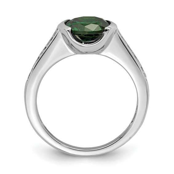 Sterling Silver Rhodium-plated Green & White Bezel CZ Ring