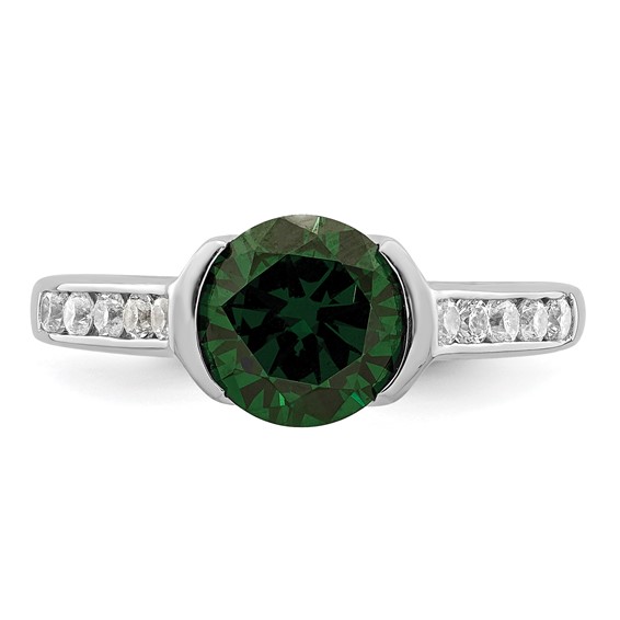 Sterling Silver Rhodium-plated Green & White Bezel CZ Ring