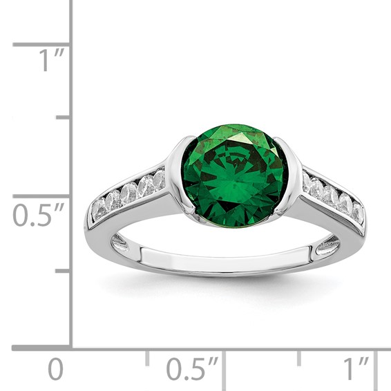 Sterling Silver Rhodium-plated Green & White Bezel CZ Ring