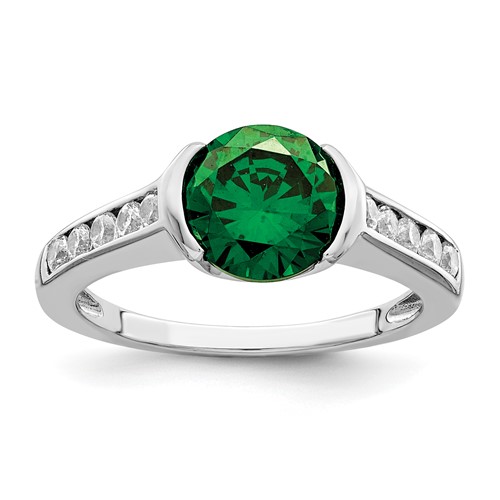 Sterling Silver Rhodium-plated Green & White Bezel CZ Ring