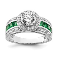 Sterling Silver Rhodium-plated CZ and Lab Created Emerald Ring view 1
