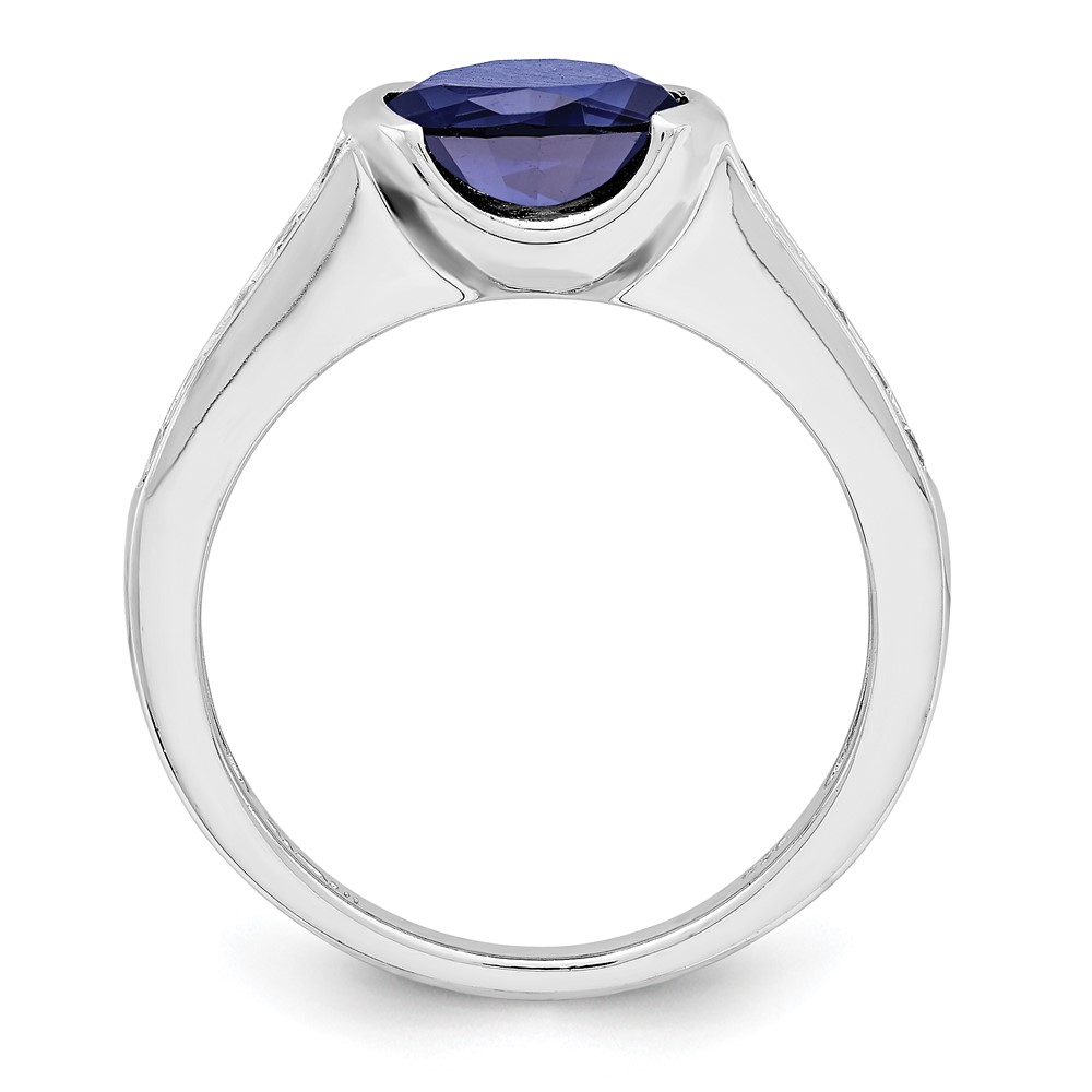 Sterling Silver Rhodium-plated Synthetic Blue Sapphire and CZ Bezel Ring (QR6349-8)