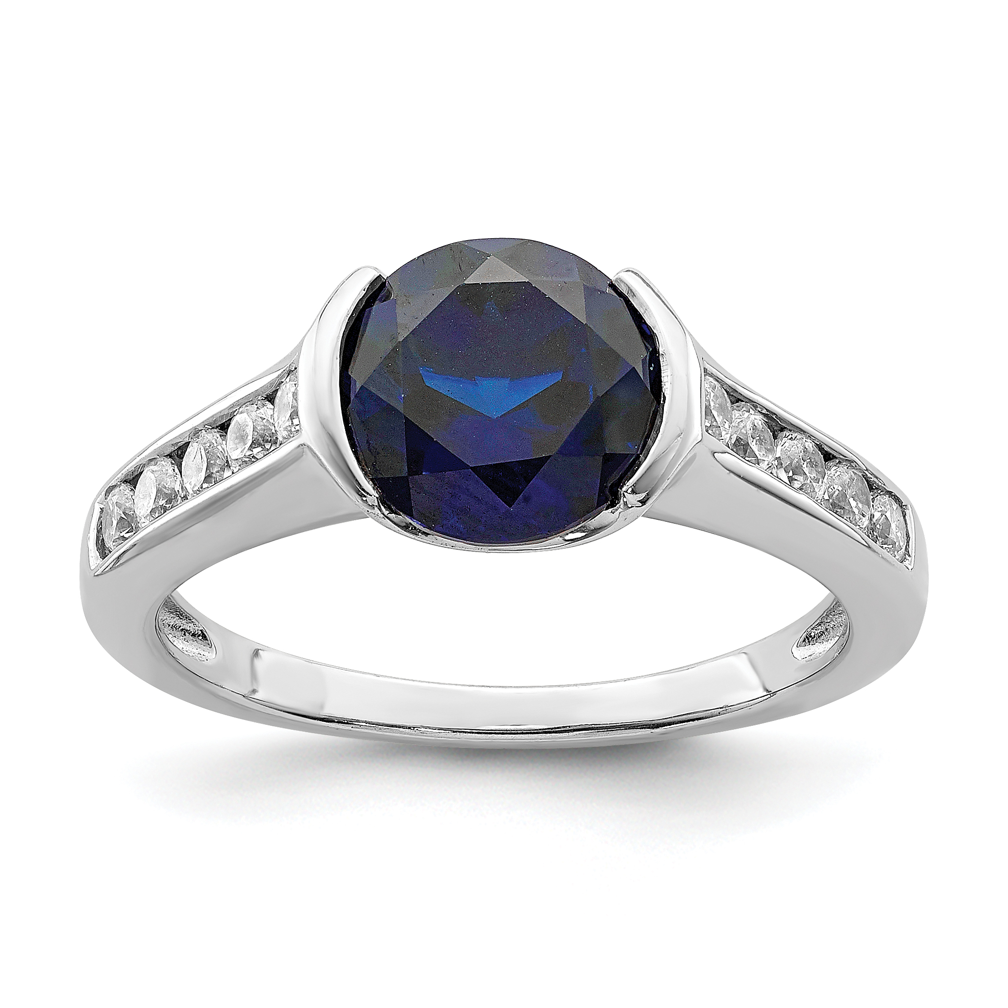 Sterling Silver Rhodium-plated Synthetic Blue Sapphire and CZ Bezel Ring (QR6349-8)