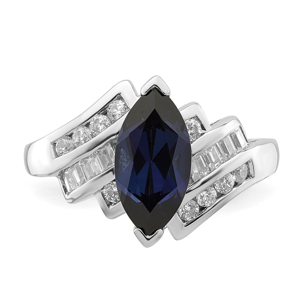 Sterling Silver Rhodium-plated Created Blue Sapphire and CZ Marquise Ring (QR6351-7)