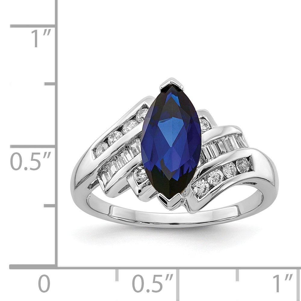 Sterling Silver Rhodium-plated Created Blue Sapphire and CZ Marquise Ring (QR6351-7)