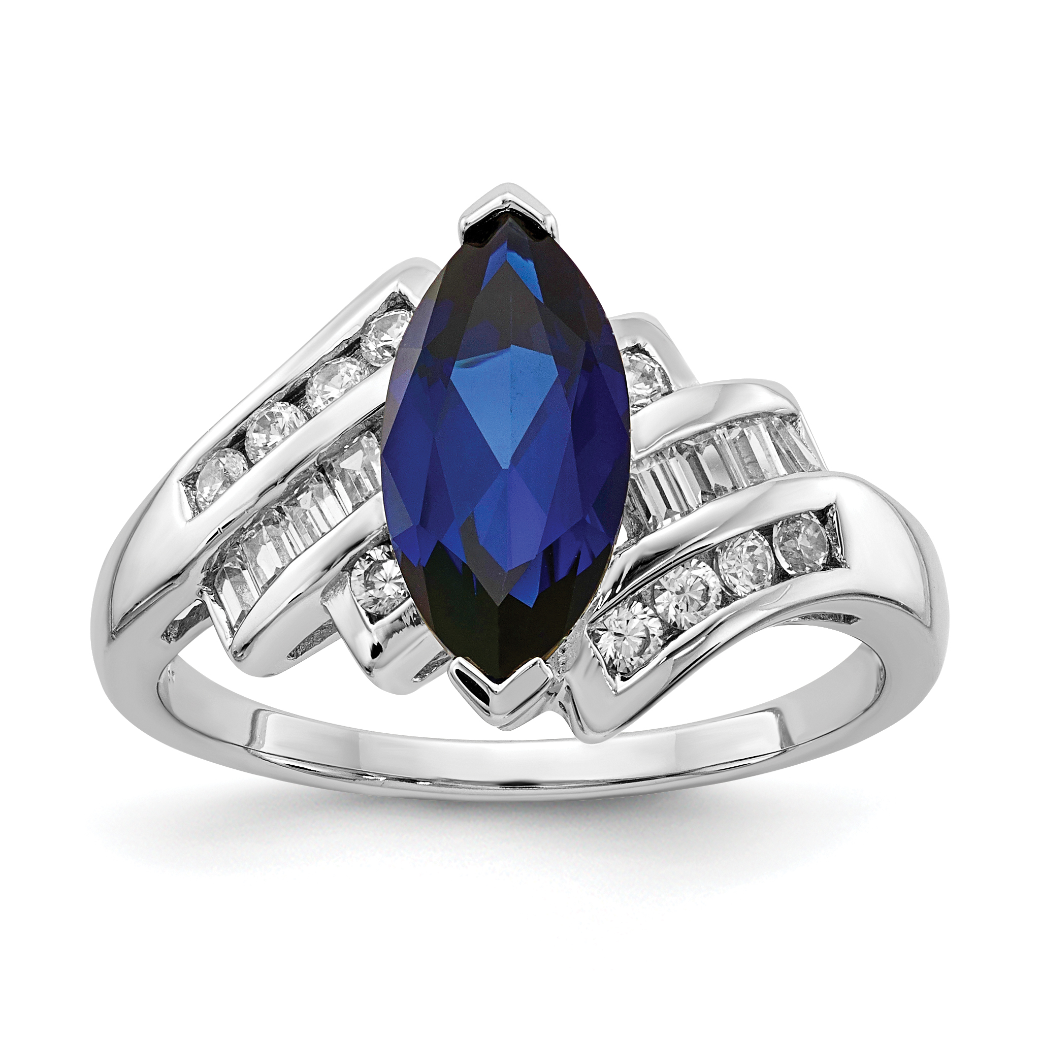 Sterling Silver Rhodium-plated Created Blue Sapphire and CZ Marquise Ring (QR6351-6)