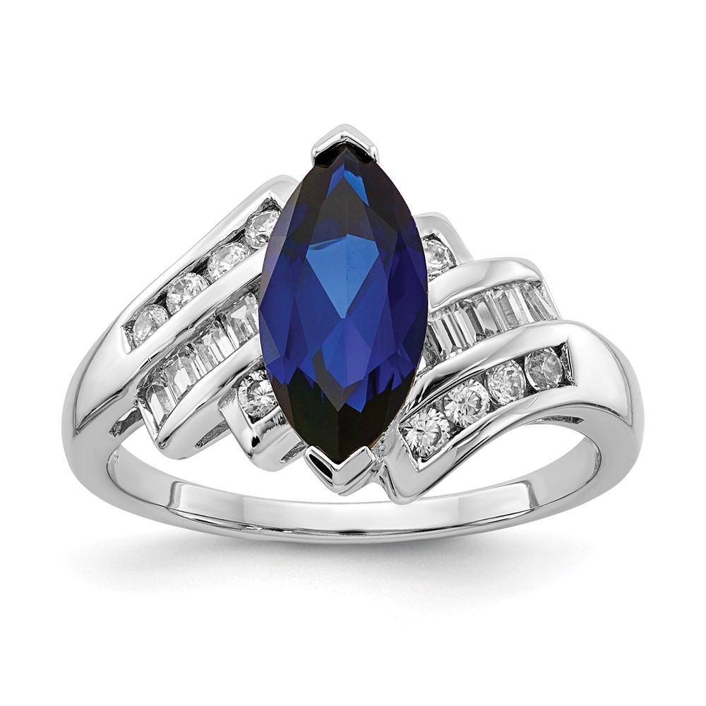 Sterling Silver Rhodium-plated Created Blue Sapphire and CZ Marquise Ring (QR6351-6)