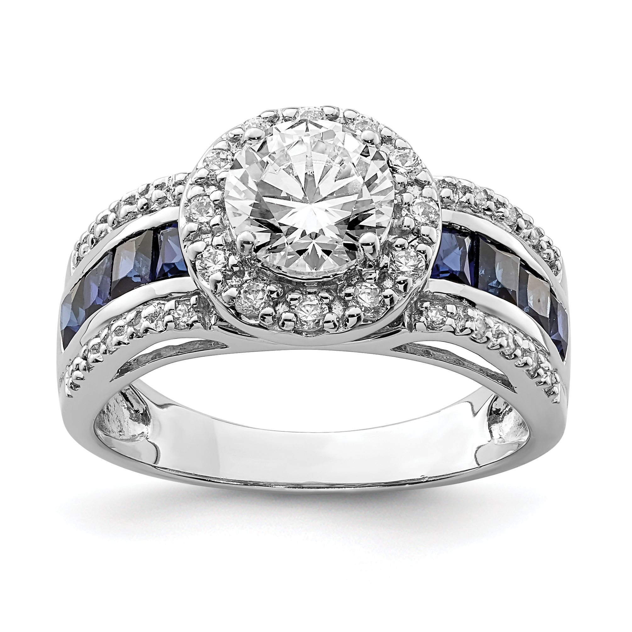 Sterling Silver Rhodium-plated CZ and Lab Created Sapphire Ring (QR6352-6)
