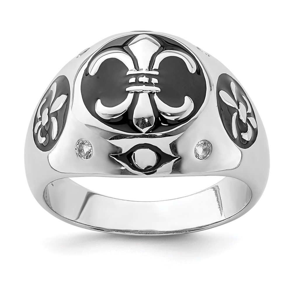 Sterling Silver Rhodium-plated Polished White Topaz Fleur De Lis Ring