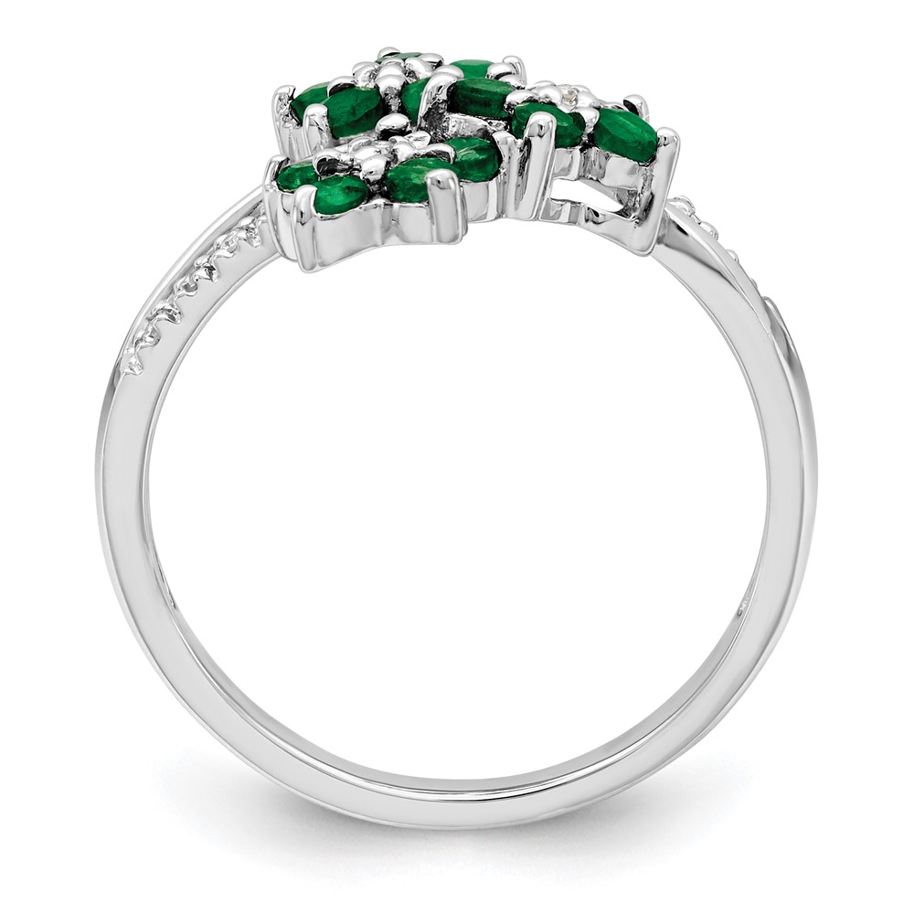 Sterling Silver Rhodium-plated 3 Flower Emerald and Diamond Ring (QR6380E-6)