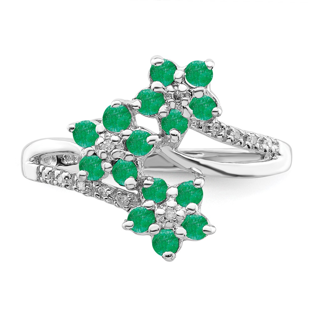 Sterling Silver Rhodium-plated 3 Flower Emerald and Diamond Ring (QR6380E-6)