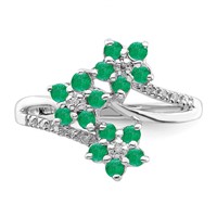 Sterling Silver Rhodium-plated 3 Flower Emerald and Diamond Ring view 5