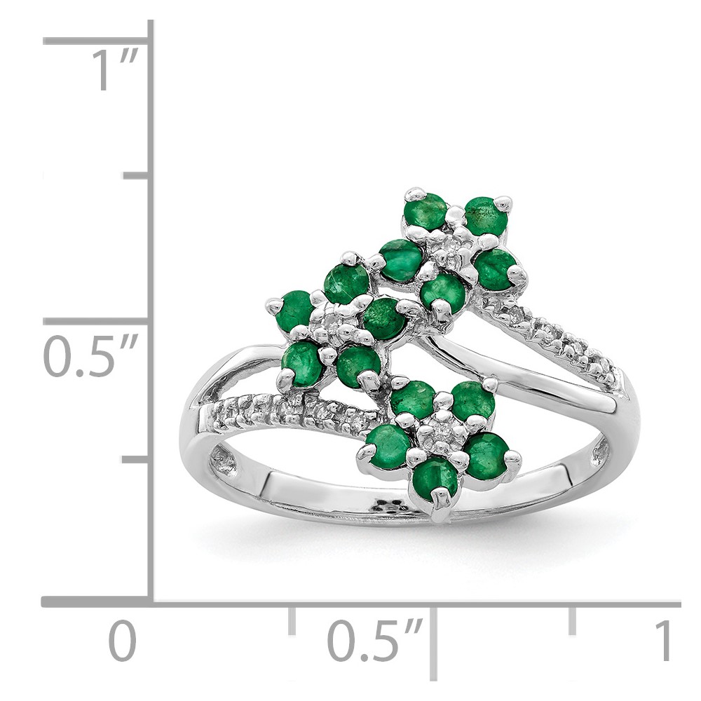 Sterling Silver Rhodium-plated 3 Flower Emerald and Diamond Ring (QR6380E-6)
