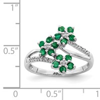 Sterling Silver Rhodium-plated 3 Flower Emerald and Diamond Ring view 4