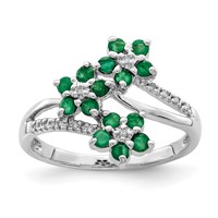 Sterling Silver Rhodium-plated 3 Flower Emerald and Diamond Ring view 1