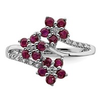 Sterling Silver Rhodium-plated 3 Flower Ruby and Diamond Ring view 5