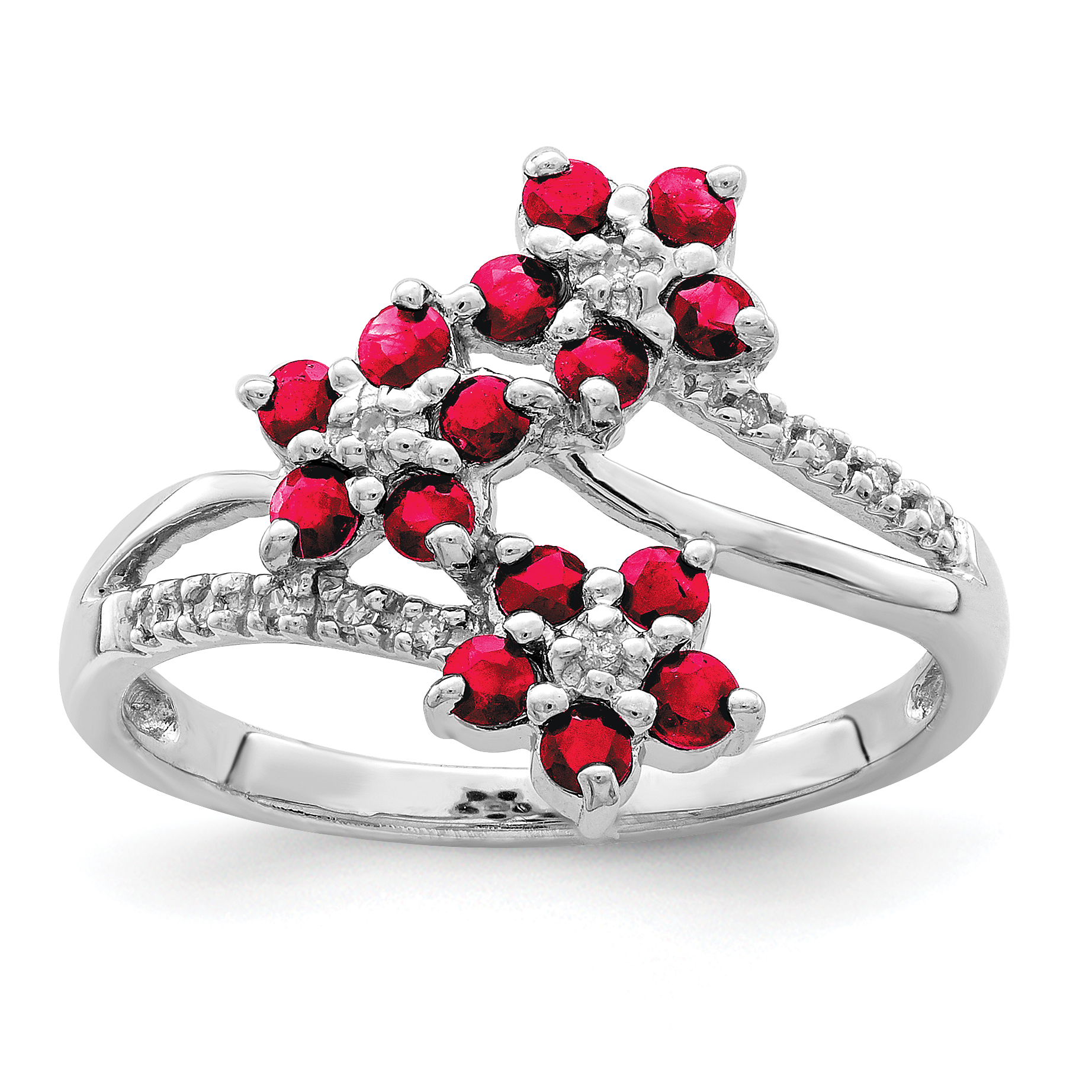 Sterling Silver Rhodium-plated 3 Flower Ruby and Diamond Ring (QR6380R-6)