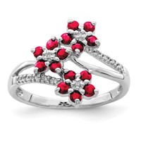 Sterling Silver Rhodium-plated 3 Flower Ruby and Diamond Ring view 1