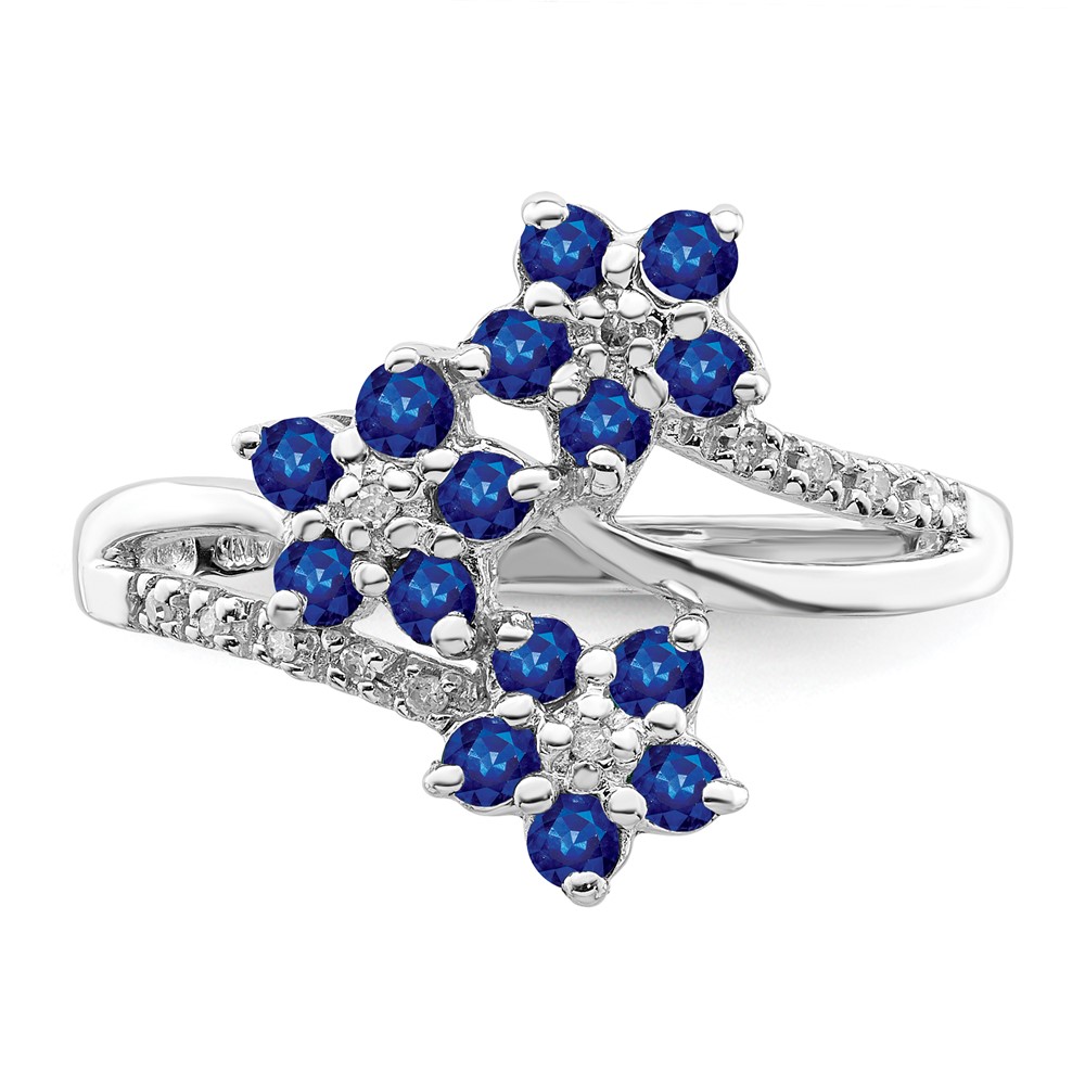 Sterling Silver Rhodium-plated 3 Flower Sapphire and Diamond Ring (QR6380S-6)