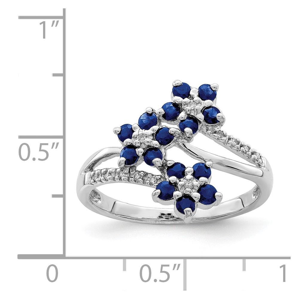 Sterling Silver Rhodium-plated 3 Flower Sapphire and Diamond Ring (QR6380S-6)