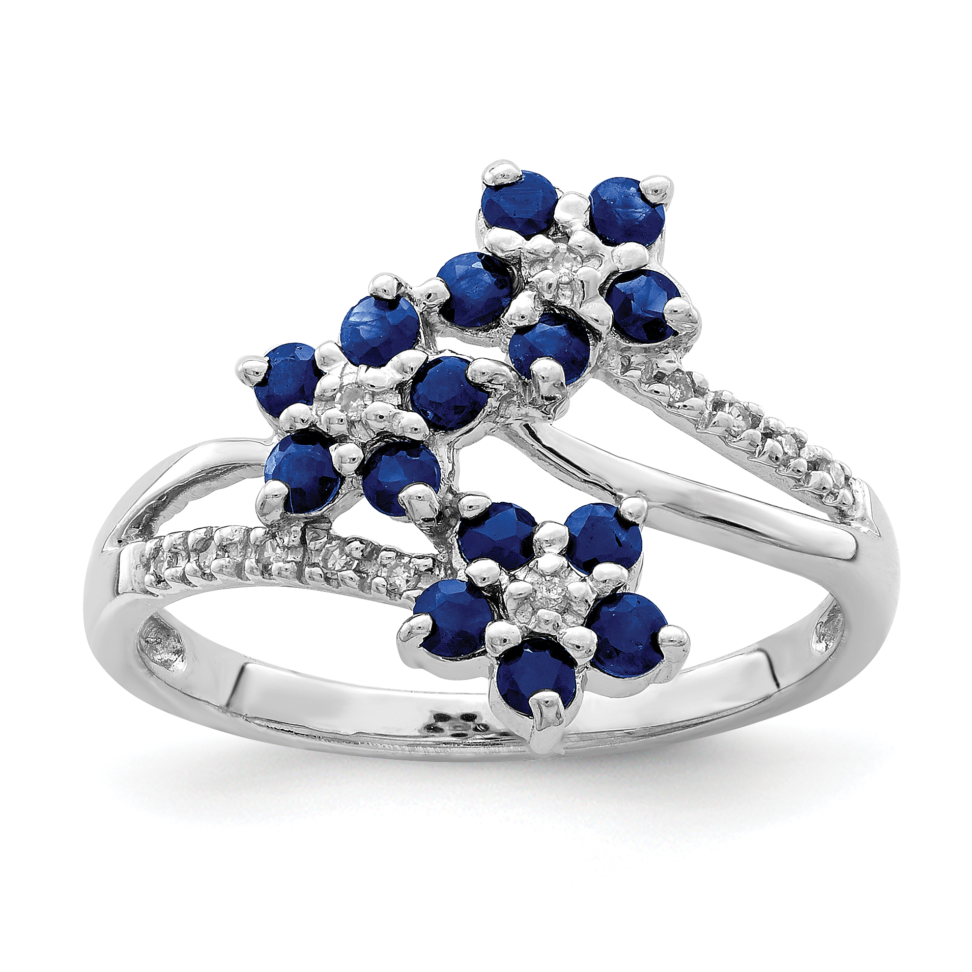 Sterling Silver Rhodium-plated 3 Flower Sapphire and Diamond Ring (QR6380S-6)
