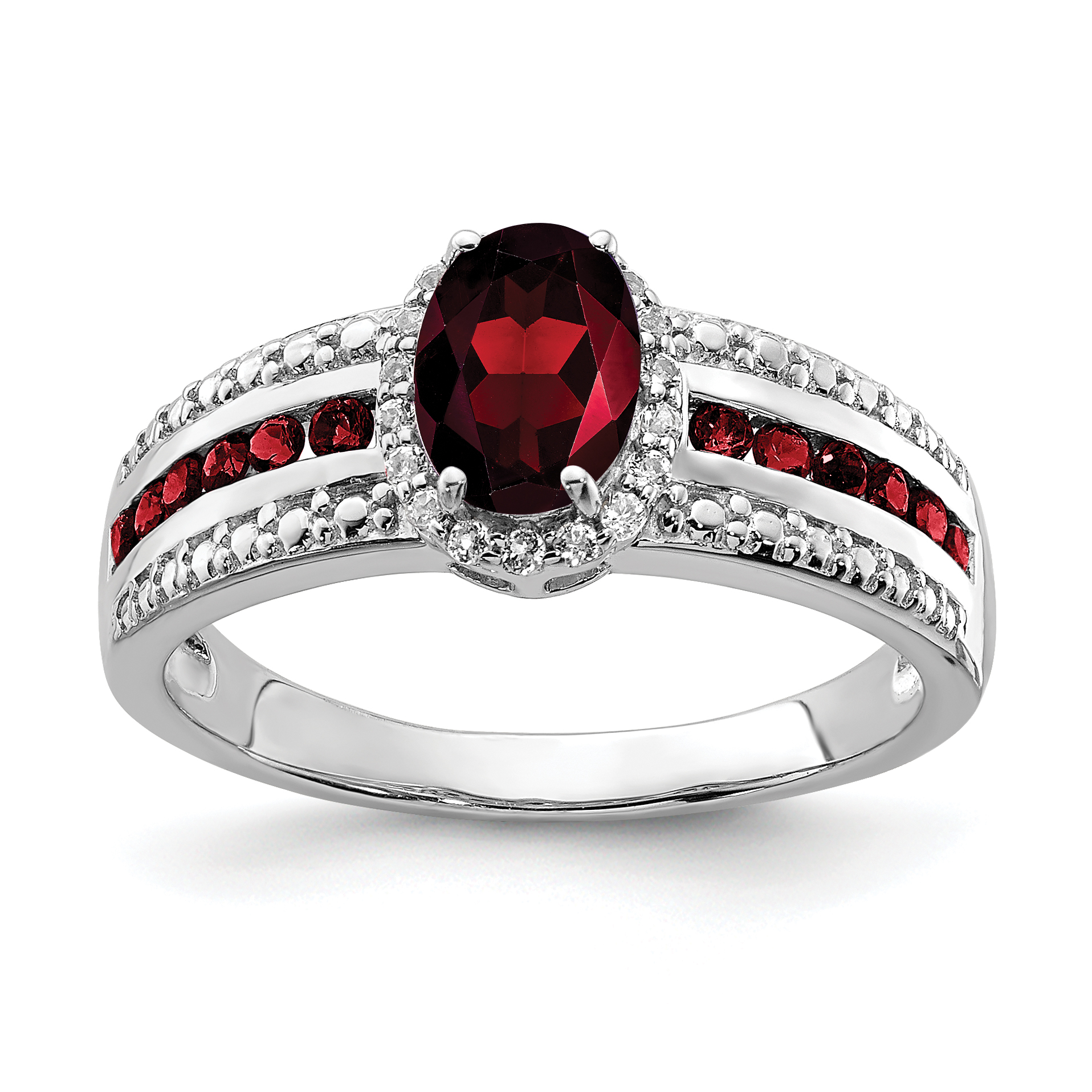 Sterling Silver Rhodium-plated Garnet and White Topaz Ring (QR6385GA-8)