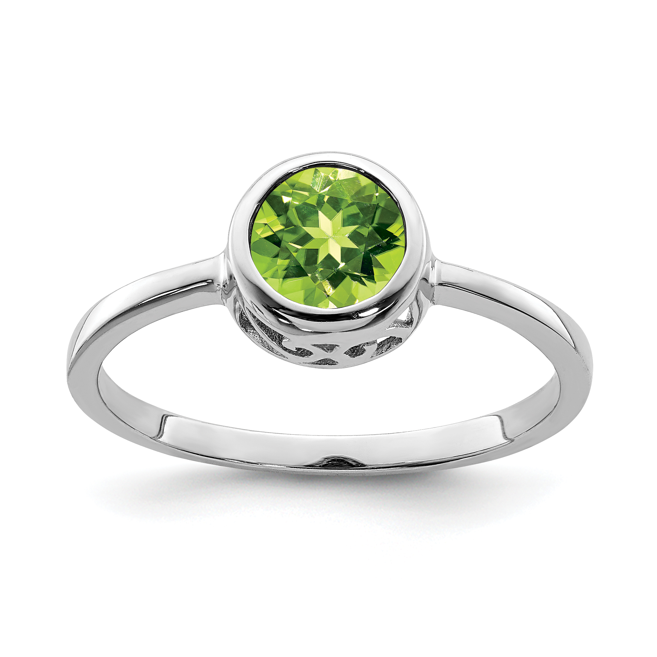 Sterling Silver Rhodium-plated Polished Peridot Round Ring (QR6399PE-6)