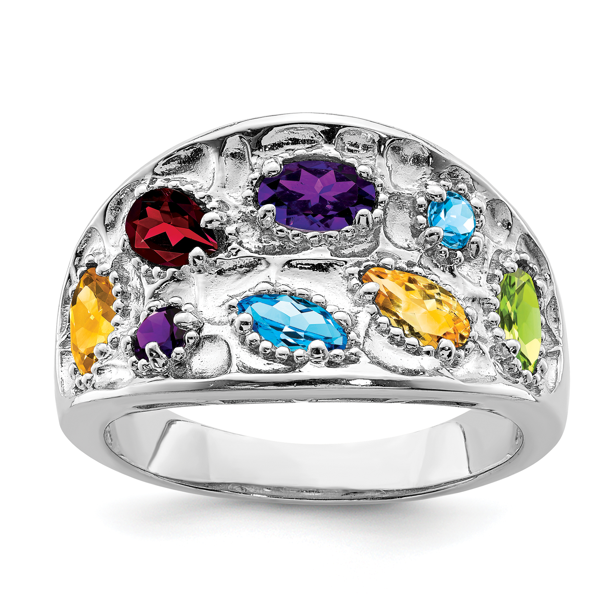Sterling Silver Rhodium-plt Amethyst/Citrine/Blue Topaz/Garnet/Peridot Ring (QR6402RB-6)