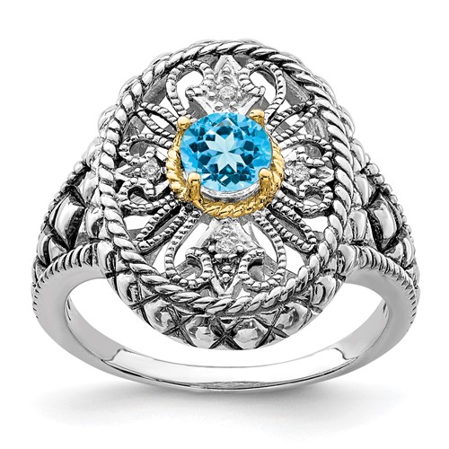 Sterling Silver Rhodium Ring with 14K Accent Blue Topaz & CZ Oval Fancy