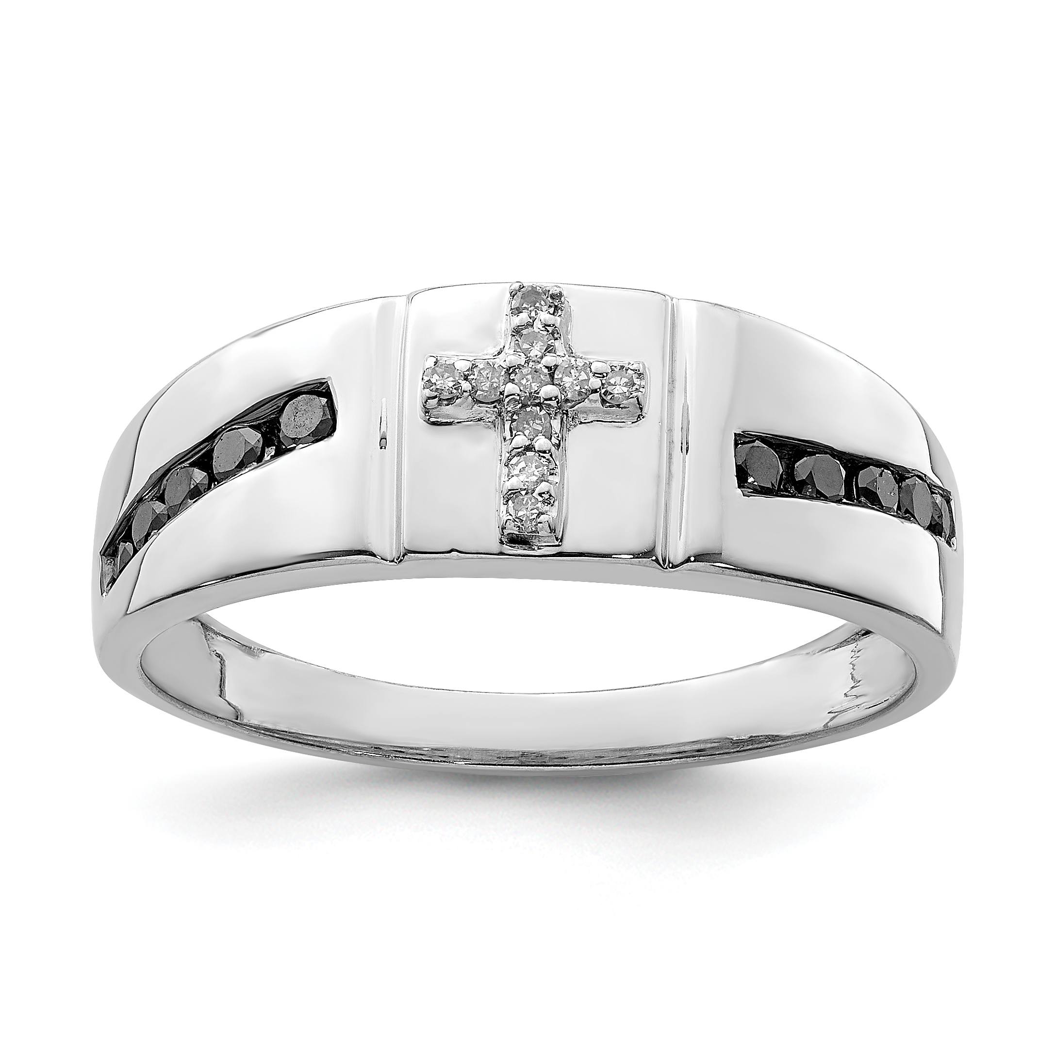 Sterling Silver Rhodium Plated Black and White Diam. Cross Men's Ring (QR6471-10)