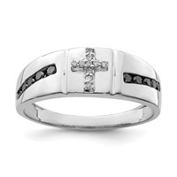 Sterling Silver Rhodium Plated Black and White Diam. Cross Men's Ring view 1