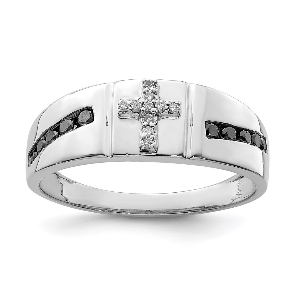 Sterling Silver Rhodium Black & White Diam. Cross Men's Ring