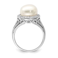 Sterling Silver Rhodium-plated 10-11mm White Button Freshwater Cultured Pearl and CZ Ring view 2