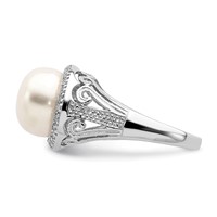 Sterling Silver Rhodium-plated 10-11mm White Button Freshwater Cultured Pearl and CZ Ring view 3
