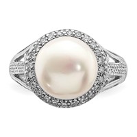 Sterling Silver Rhodium-plated 10-11mm White Button Freshwater Cultured Pearl and CZ Ring view 5