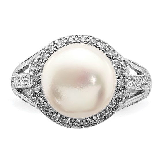 Sterling Silver Rhodium-plated 10-11mm White Button Freshwater Cultured Pearl and CZ Ring