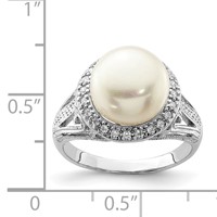 Sterling Silver Rhodium-plated 10-11mm White Button Freshwater Cultured Pearl and CZ Ring view 4