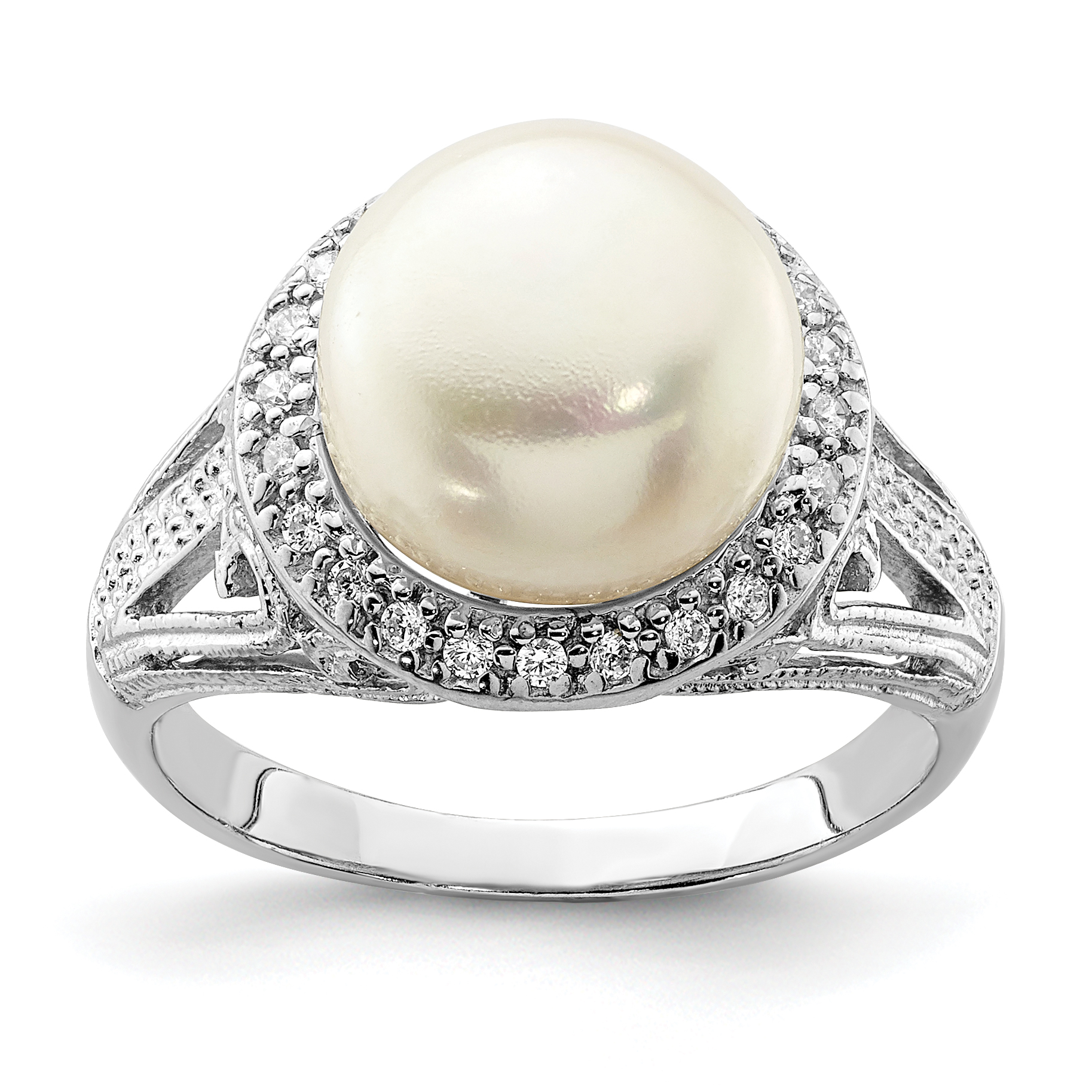 Sterling Silver Rhodium-plated 10-11mm White Button Freshwater Cultured Pearl and CZ Ring (QR6480-7)