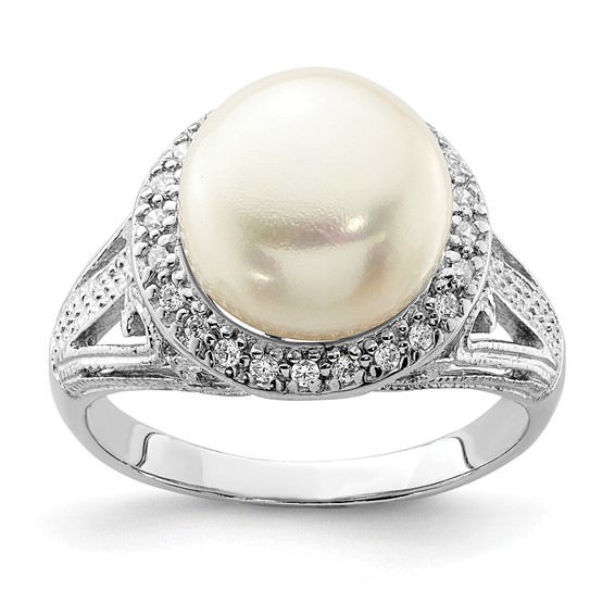 Sterling Silver Rhodium-plated 10-11mm White Button Freshwater Cultured Pearl and CZ Ring