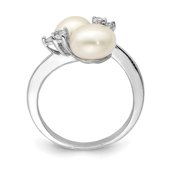 Sterling Silver Rhodium-plated 8-9mm White Button Freshwater Cultured Pearl and CZ Ring