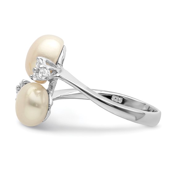 Sterling Silver Rhodium-plated 8-9mm White Button Freshwater Cultured Pearl and CZ Ring